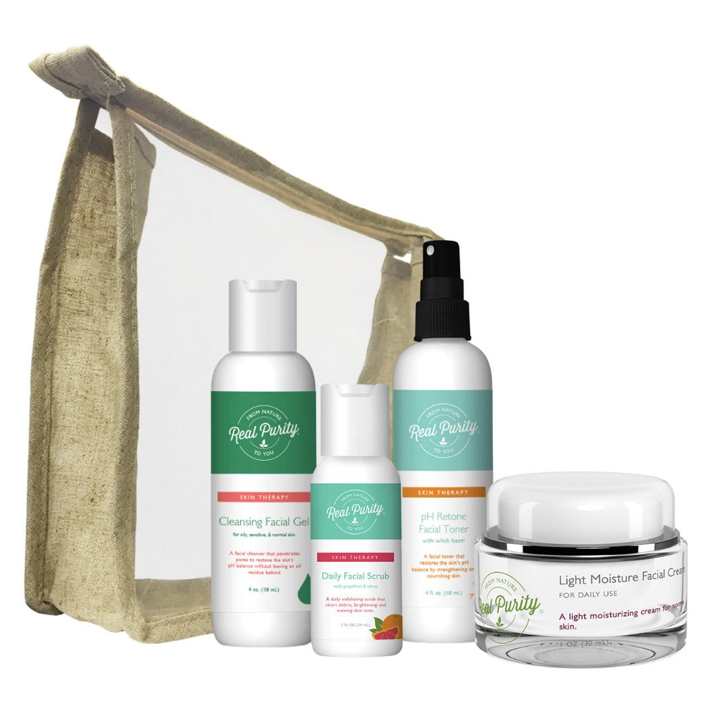 A collection of Real Purity skin care products displayed in front of a beige background, including a cleansing facial gel, facial lotion, daily facial scrub, green tea toner, pH ReTone, and light moisture facial cream, all packaged in white bottles with green labels, accompanied by a beige carrying case.
